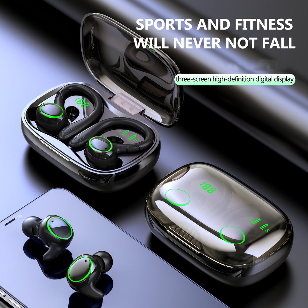 Ecouteurs intra-auriculaires TWS à contour d'oreille pour le sport, écouteurs stéréo sans fil à réduction de bruits ambiants, étui de chargement LED