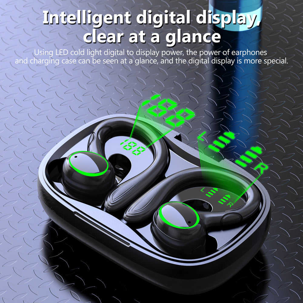Ecouteurs intra-auriculaires TWS à contour d'oreille pour le sport, écouteurs stéréo sans fil à réduction de bruits ambiants, étui de chargement LED