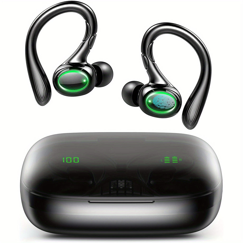 Ecouteurs intra-auriculaires TWS à contour d'oreille pour le sport, écouteurs stéréo sans fil à réduction de bruits ambiants, étui de chargement LED