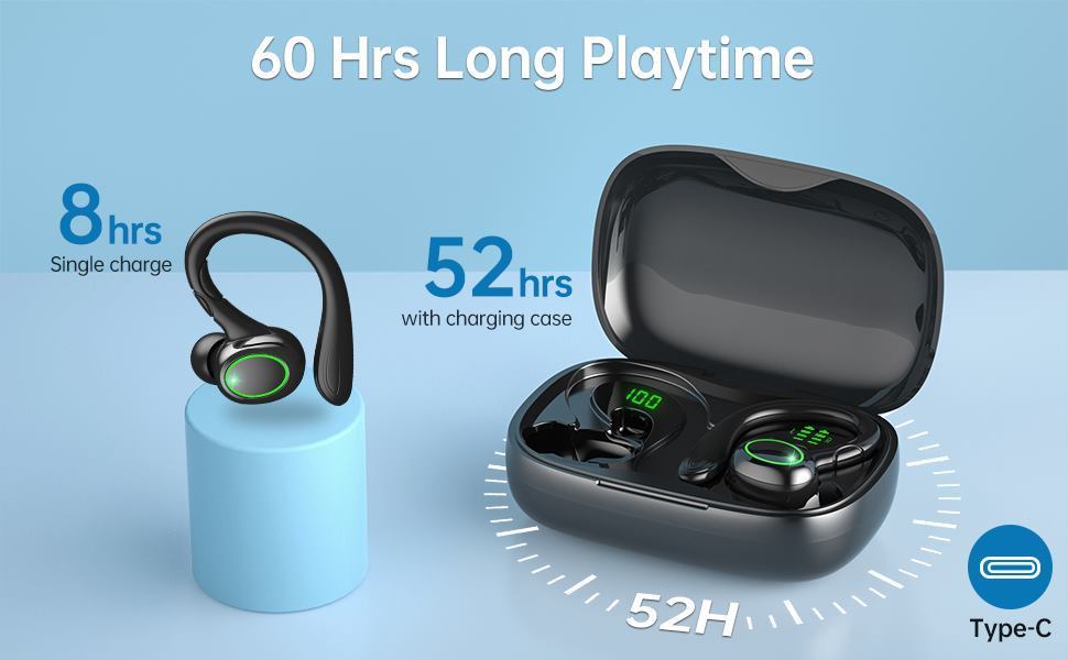 Ecouteurs intra-auriculaires TWS à contour d'oreille pour le sport, écouteurs stéréo sans fil à réduction de bruits ambiants, étui de chargement LED