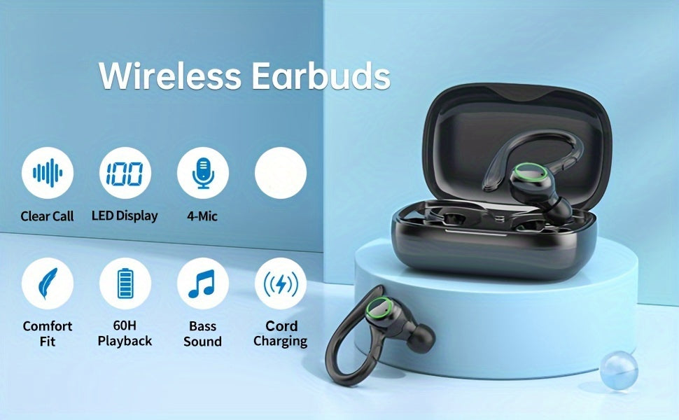 Ecouteurs intra-auriculaires TWS à contour d'oreille pour le sport, écouteurs stéréo sans fil à réduction de bruits ambiants, étui de chargement LED